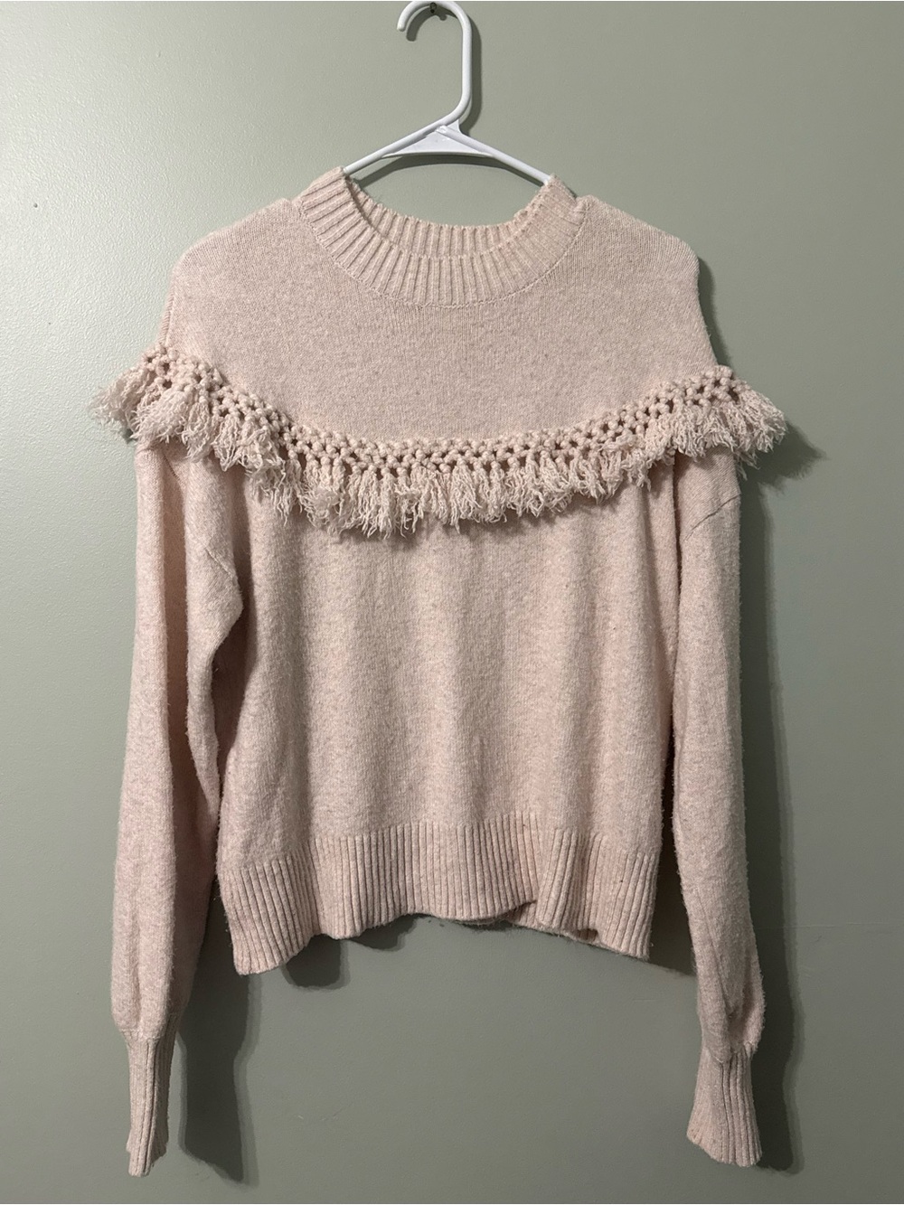 Sanctuary Tassel At Hand Fringe Knit Sweater Heather Bare Pink Beige Size S